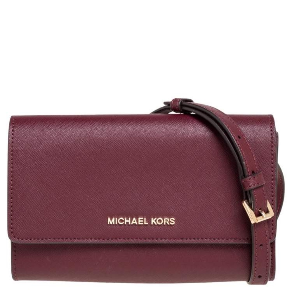 Michael Kors Burgundy Saffiano Leather Jet Set Travel Wallet on Chain